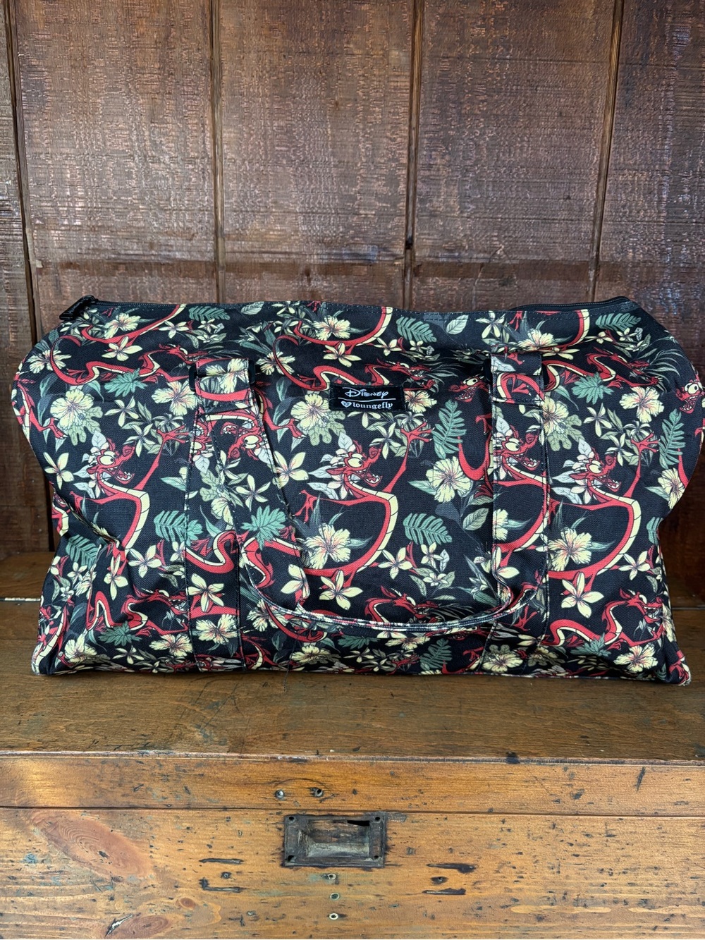 Loungefly Disney Mulan Mushu Black Floral Duffle Bag w/strap
